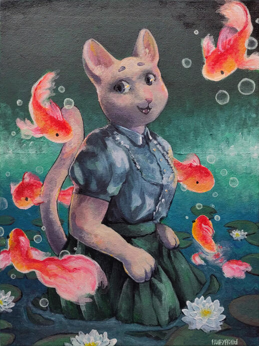 A furry cat in a bond, shiny goldfish fly around them.