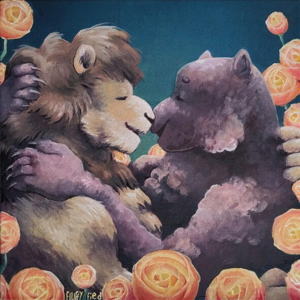 A furry lion and a furry bear kiss.