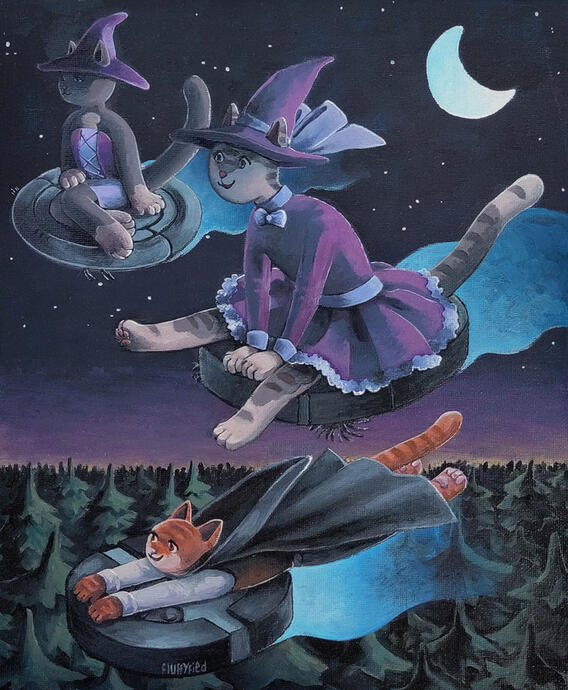 Three furry cat witches glide through the night sky on vacuum cleaner robots.