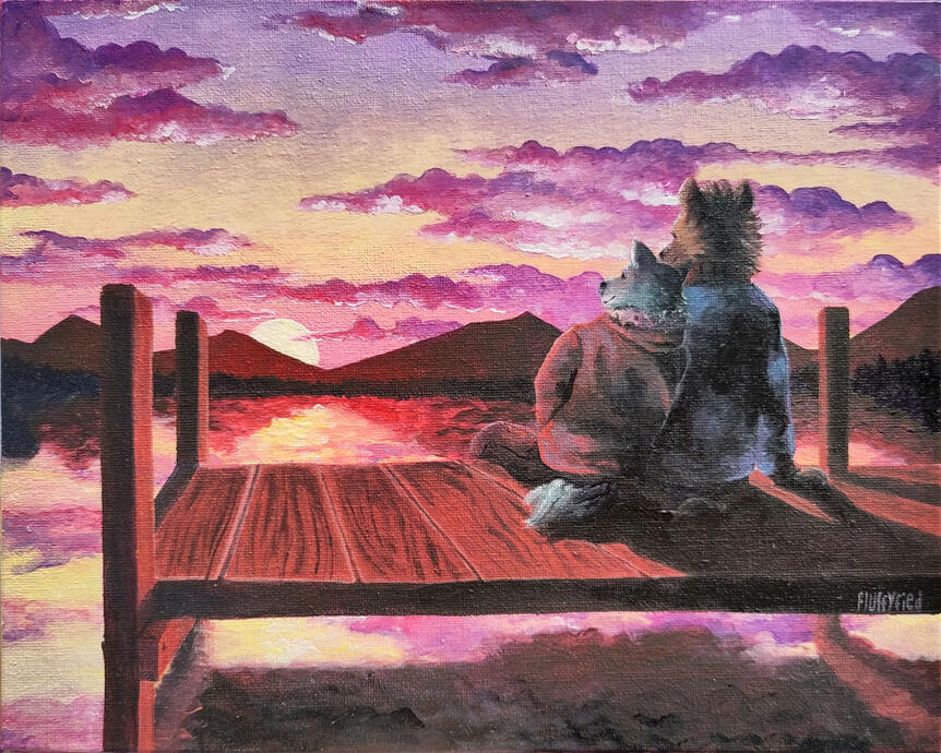 A furry wolf and a furry hyena sit on a jetty on a lake and watch the sun set.