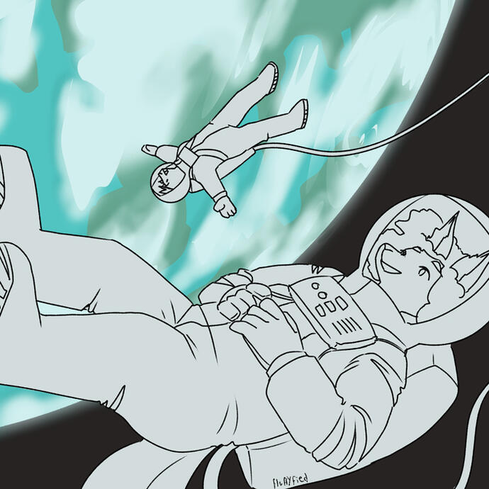 Bob and Sus as astronauts on a space walk. Bob and Sus as astronauts on a space walk.