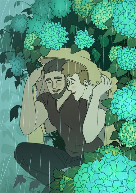 Liam and Jan hiding below a jacket from heavy rain. They are surrounded by hydrangea flowers.