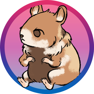 A cartoony European hamster with resting bitchface with bi pride circle background.